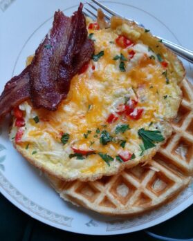 omelette bacon and waffle